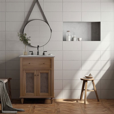 loft white wall tile and natural forest wood tile in a bathroom