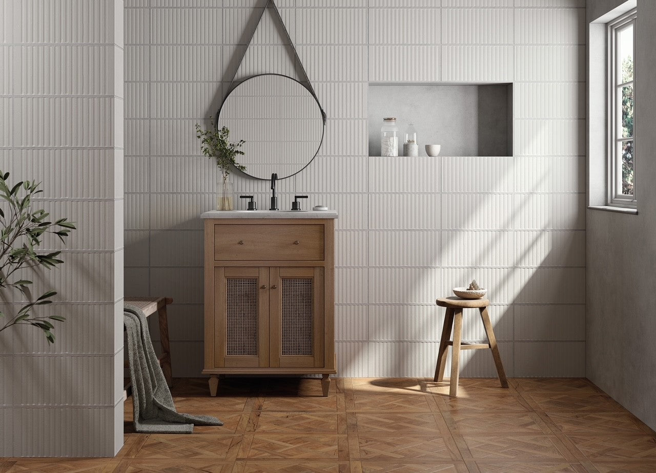 loft white wall tile and natural forest wood tile in a bathroom