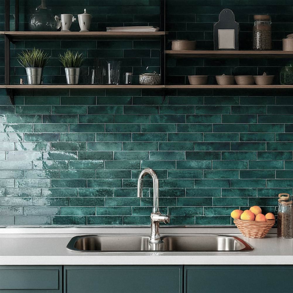 Image of Nissel Emerald Brick Tile 7.5x30cm-Ceramic wall tile-Mayolica-Tile.co.uk
