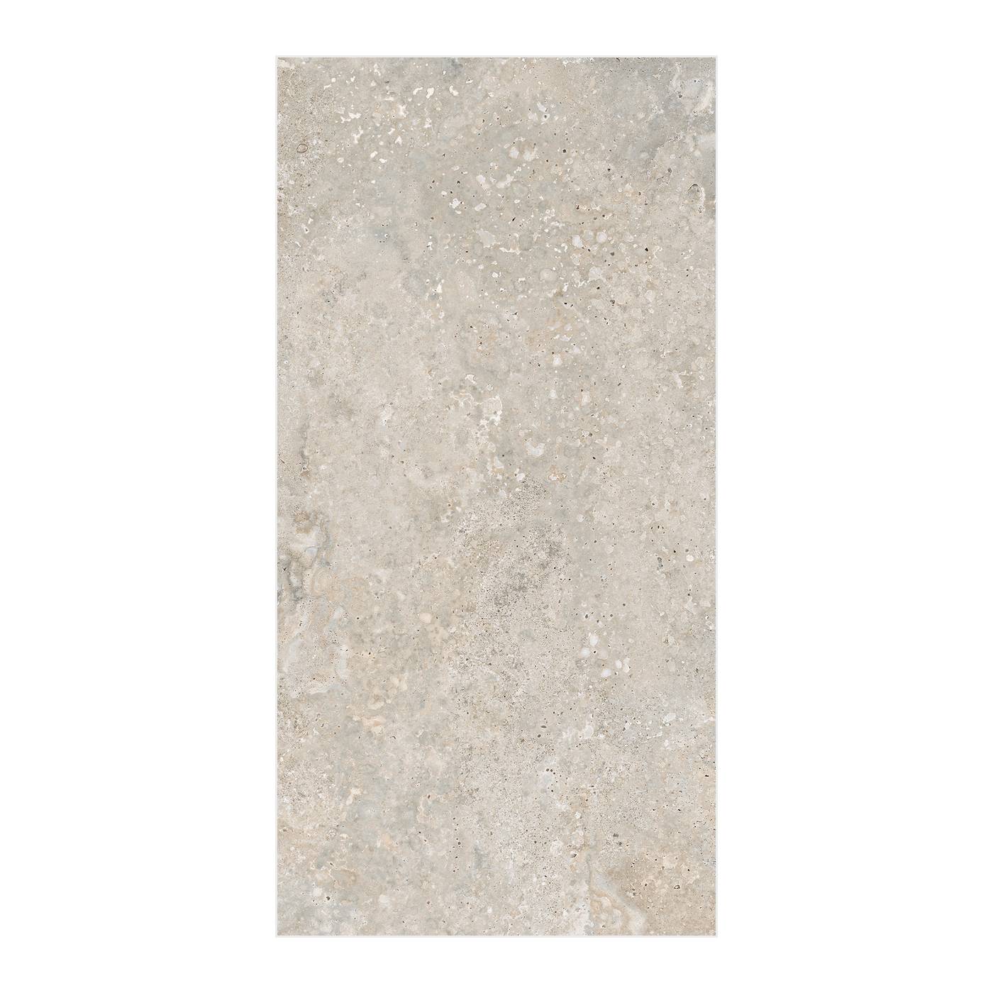 Image of A rectangular stone-look tile or slab sample with a light warm gray, beige, and off-white marbled texture, centered on a white background.