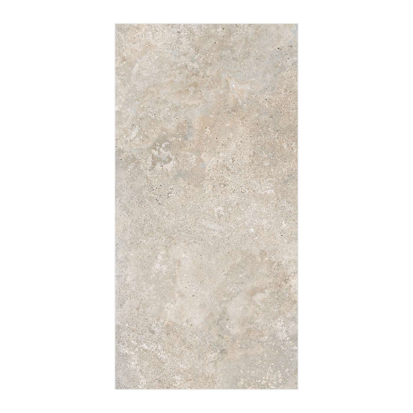 Image of A rectangular tile or slab sample with a mottled stone-like texture in light beige, cream, and soft gray tones, centered on a plain white background.