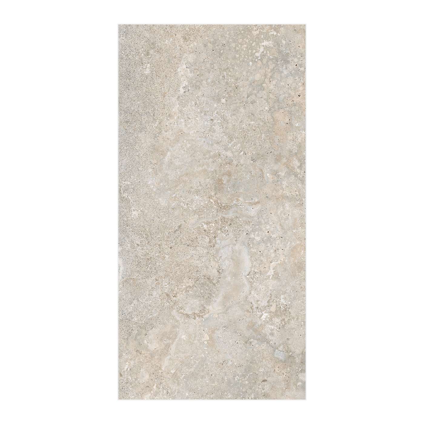 Image of A rectangular tile sample with a light beige and cream marble-like texture, centered on a plain white background.