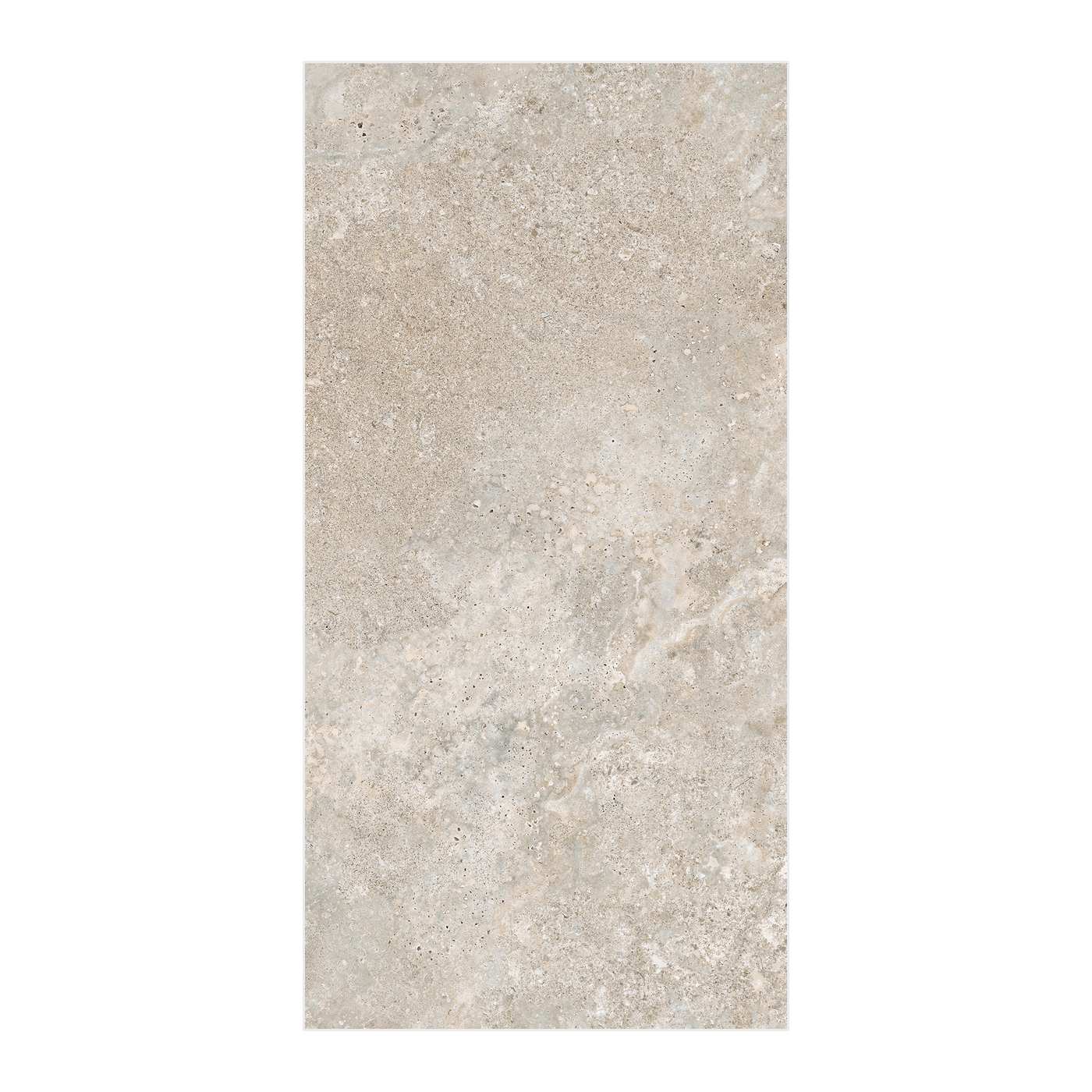 Image of A rectangular sample tile of textured stone or concrete-look material in warm light beige and gray tones, centered on a plain white background.