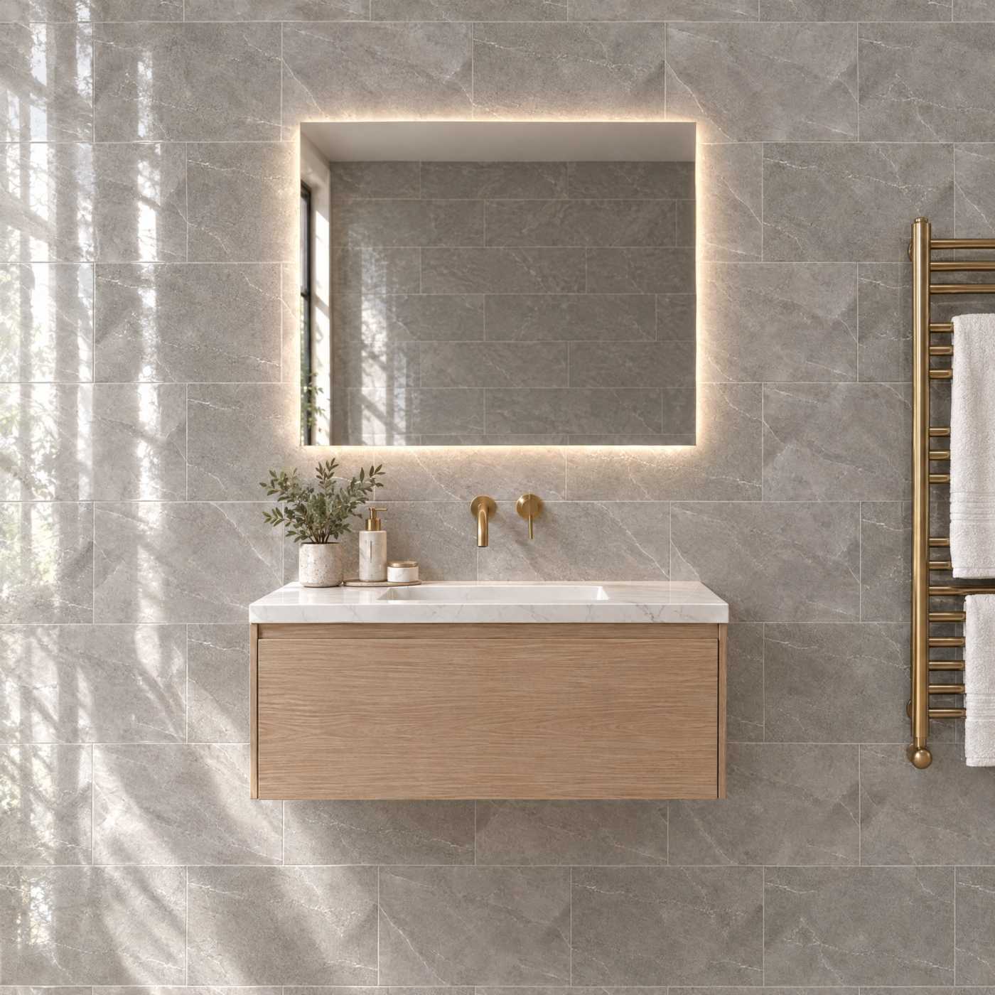Image of A modern floating bathroom vanity with a light wood cabinet, white countertop, and integrated sink, set against a gray stone-tile wall beneath a rectangular backlit mirror. Gold faucet fixtures and a brass towel rail with white towels are visible.