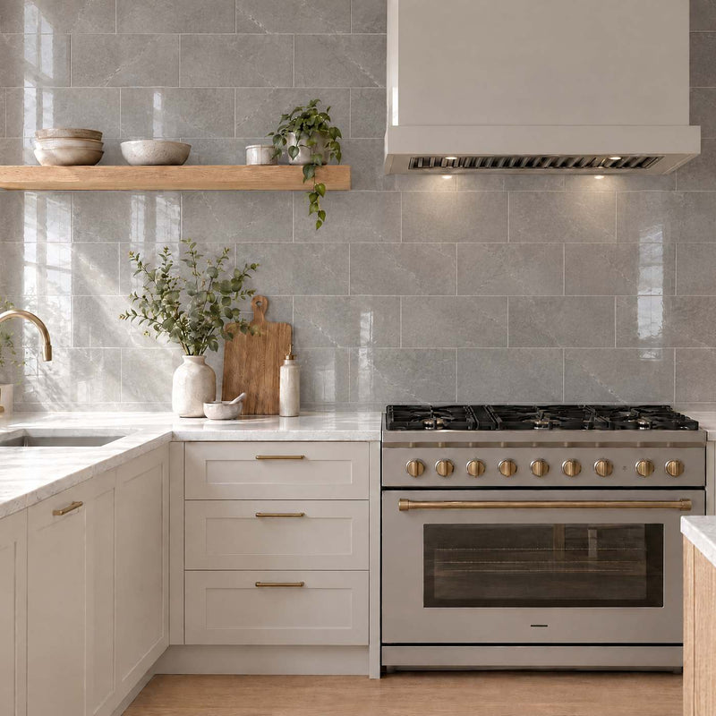 Image of A modern kitchen scene featuring a stainless steel gas range with gold knobs, set against a light gray tiled backsplash and white cabinetry.