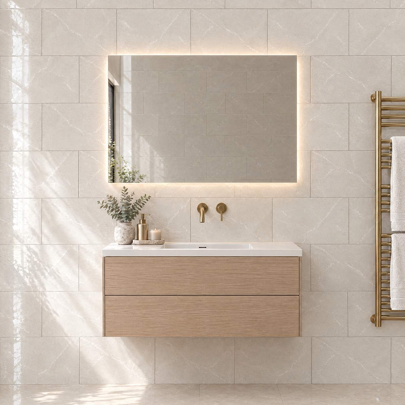 Image of A modern floating bathroom vanity with a light wood grain finish, a white integrated sink, and a large rectangular backlit mirror mounted on a beige tiled wall. Gold wall-mounted faucets and a gold towel rail with white towels are visible on the right.
