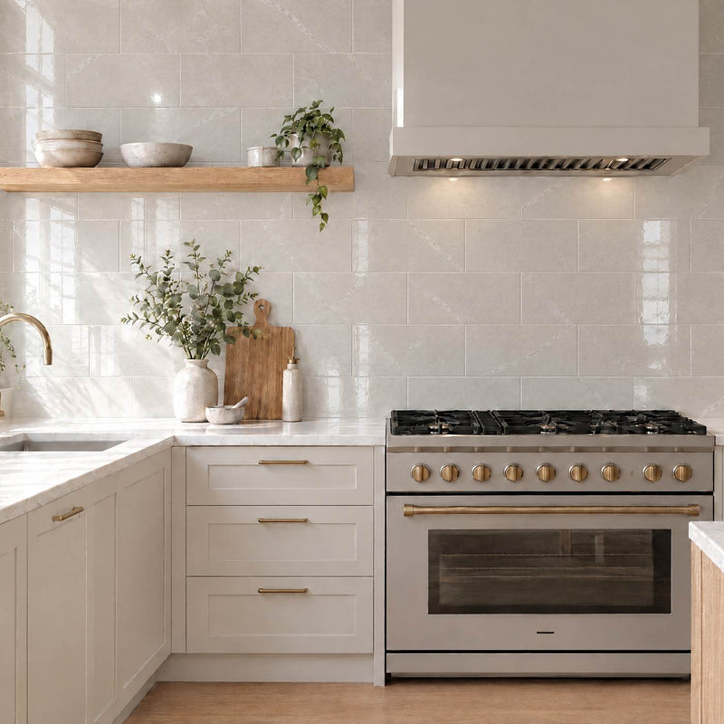 Image of A modern kitchen scene featuring a stainless steel gas range with gold-tone knobs and a matching range hood, set against a white subway tile backsplash with white cabinetry and gold handles.