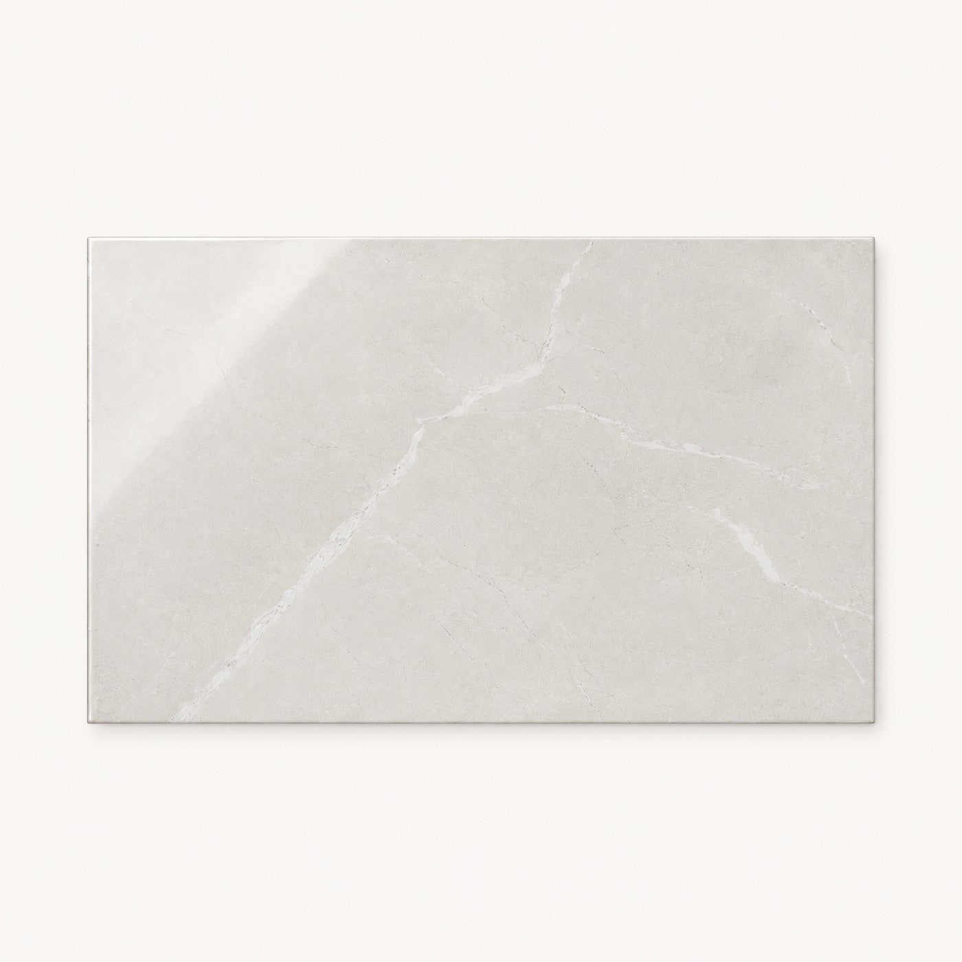 Image of A rectangular light gray marble-look tile with subtle white veining, shown against a plain off-white background.