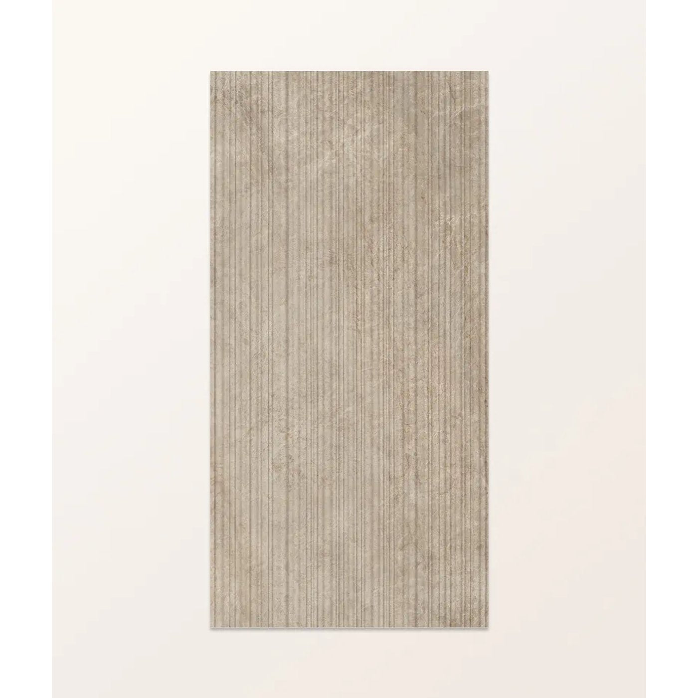 Image of A rectangular area rug with a textured vertical ribbed pattern in a warm taupe-beige color, shown against a solid off-white background.