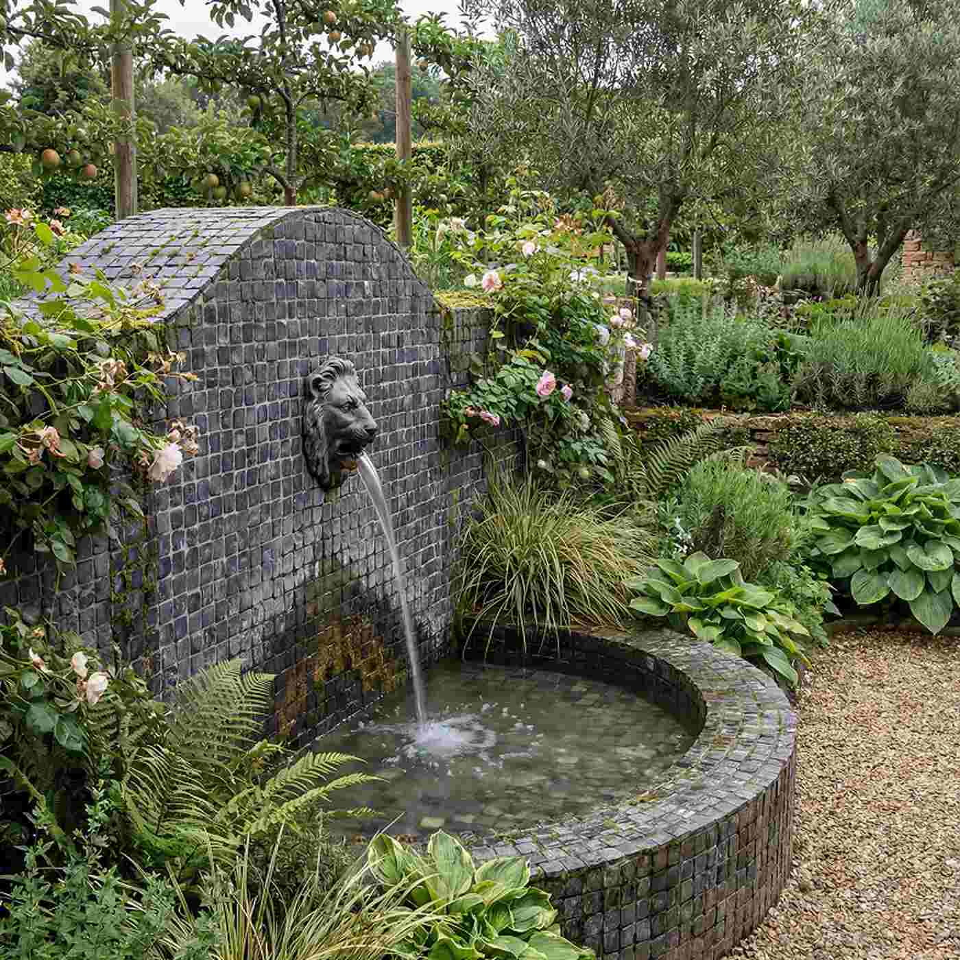 Image of A stone lion-head garden fountain with water flowing into a round basin, set in a lush landscaped garden with plants, flowers, and trees.