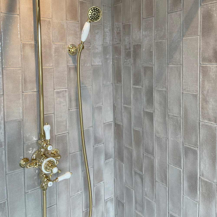 Orchard Greige Brick Tile 7.5x23cm-Ceramic wall tile-on a shower wall with gold shower handle