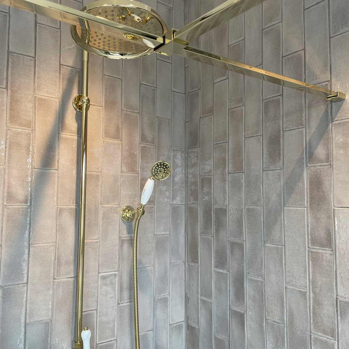 Orchard Greige Brick Tile 7.5x23cm-Ceramic wall tile-Estudio Ceramico with gold shower head and gold shower screen arm