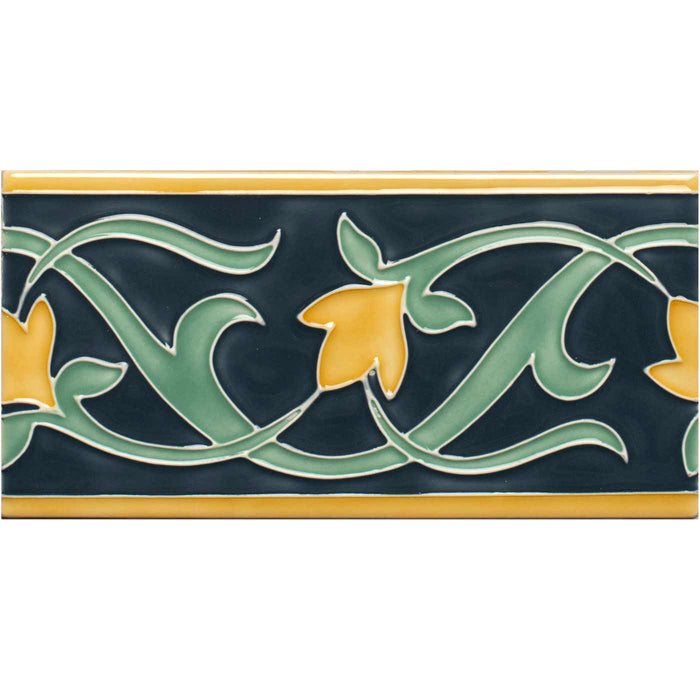 Lafleur Border on Ascot Blue 15.2x7.5cm-Ceramic wall tile-Original Style-Tile.co.uk