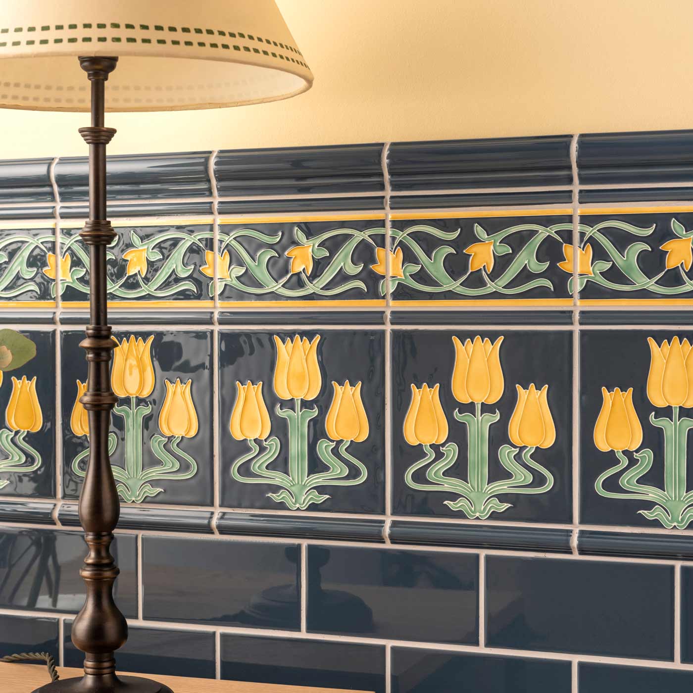 Image of Lafleur Border on Ascot Blue 15.2x7.5cm-Ceramic wall tile-Original Style-Tile.co.uk