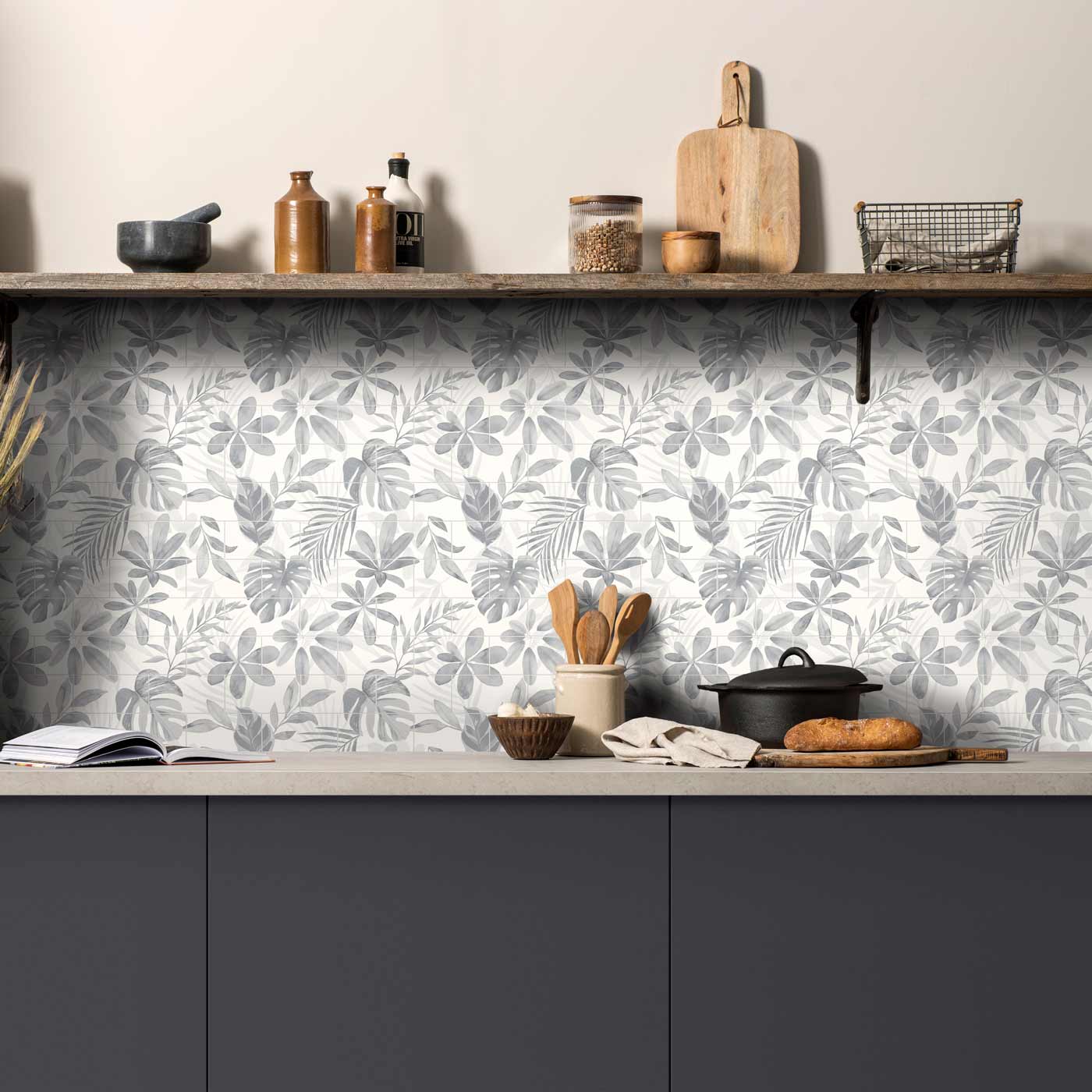Image of Jungle Grove Brick-bond Blue 18-tile panel wall tile 45.6x45.6cm-Ceramic wall tile-Original Style-Tile.co.uk