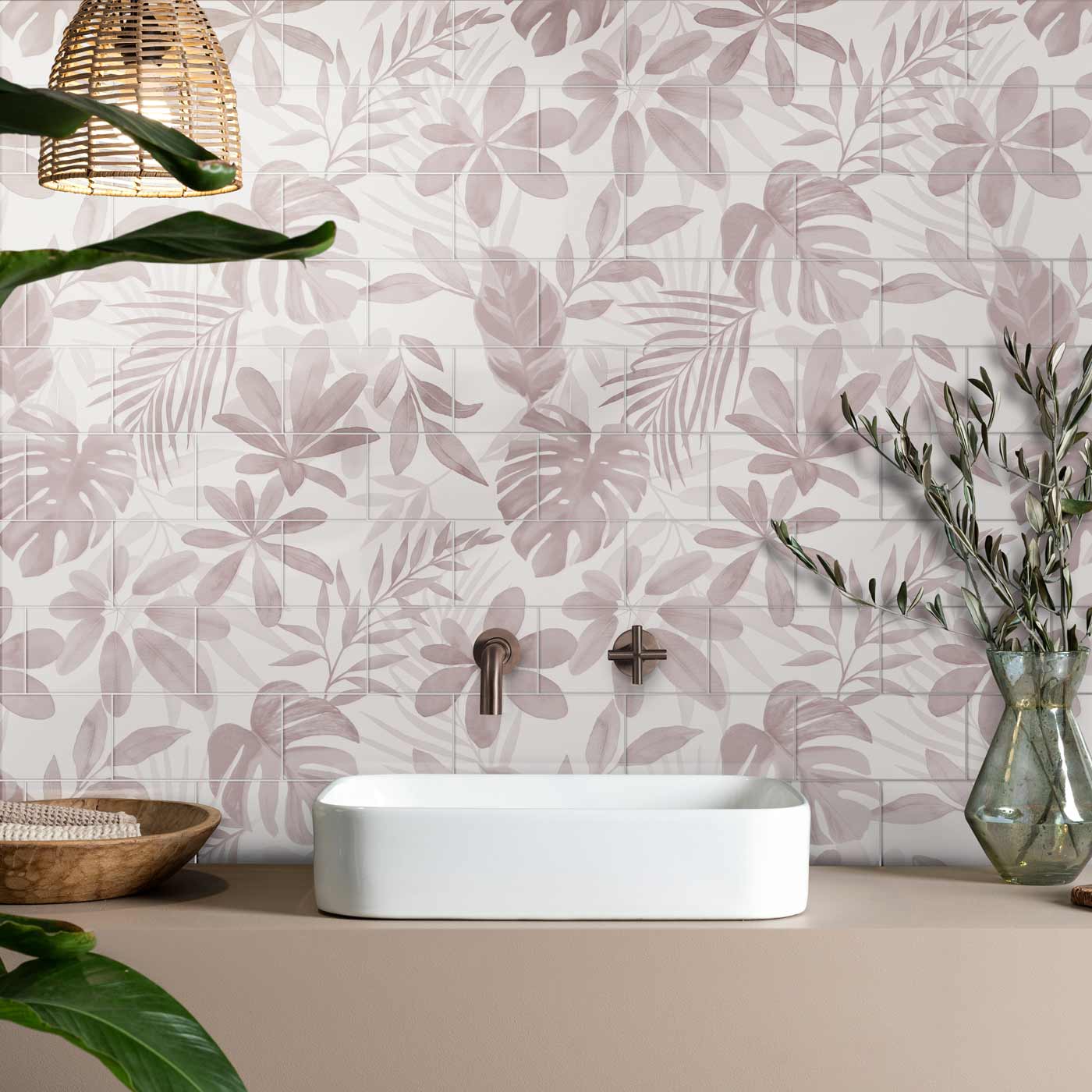Image of Jungle Grove Brick-bond Pink 18-tile panel wall tile 45.6x45.6cm-Ceramic wall tile-Original Style-Tile.co.uk
