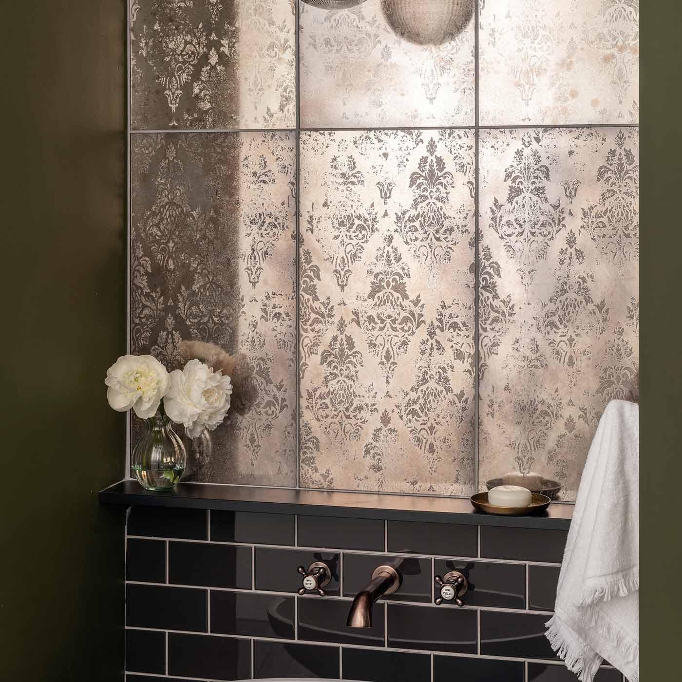 Image of Damask Rose Gold Decorative Glass wall tile 30x60cm-Glass Tiles-Original Style-tile.co.uk