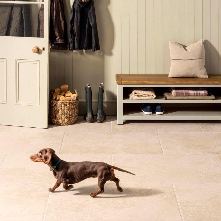Hartland Abbey Beige floor tile 30x60cm in a hallway setting. Cream cladded walls with coat hooks and coats. Cream wooden door and shabby chic style hallway bench. Dark wellies and basket of wood on the tiled floor. Brown sausage dog walking across the hallway.