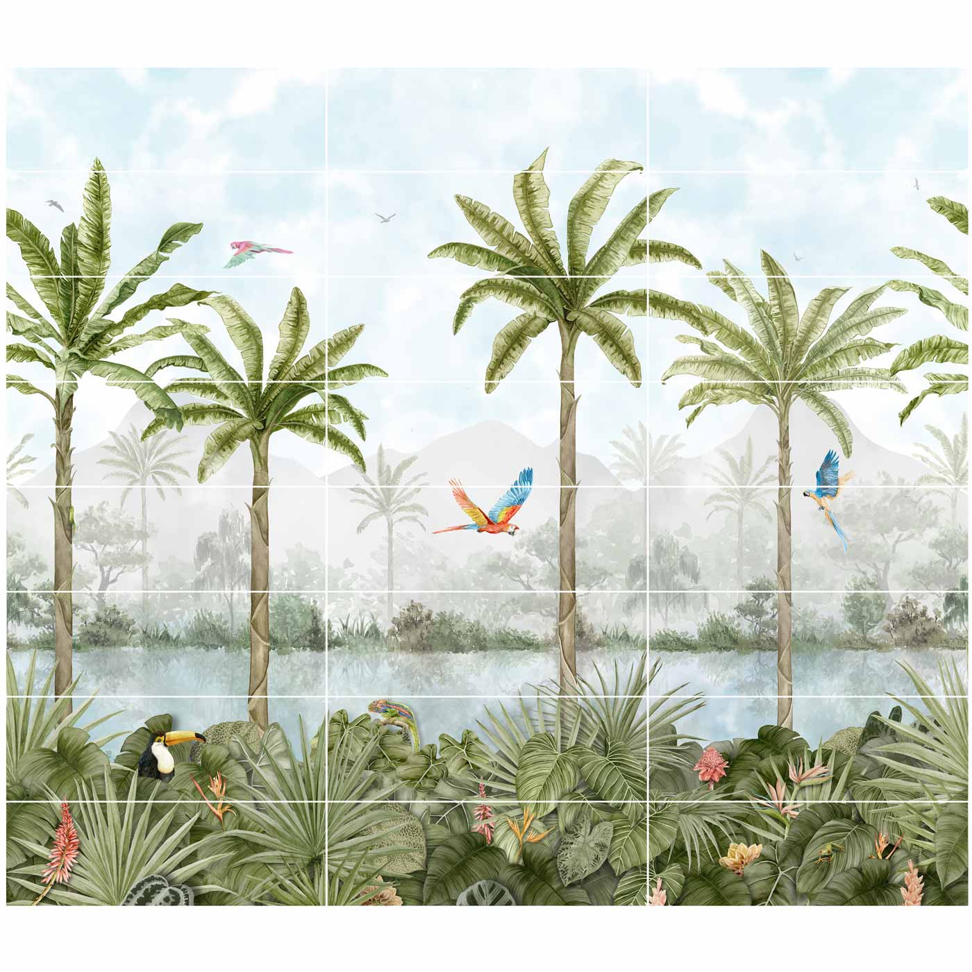 Image of Tropical Oasis 8-Tile Decor Panel 256x99cm-Ceramic wall tile-Original Style-tile.co.uk