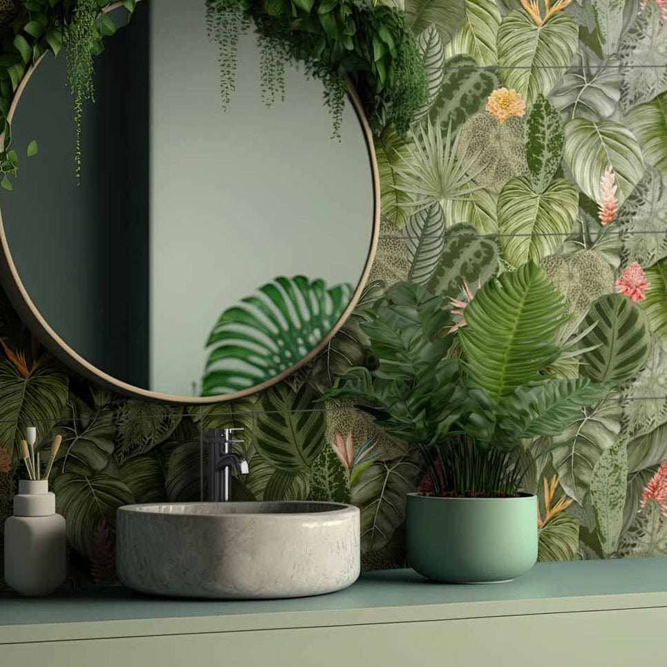 Image of Tropical Oasis Patterned Repeat Matt wall tile 32x99cm-Ceramic wall tile-Original Style-tile.co.uk