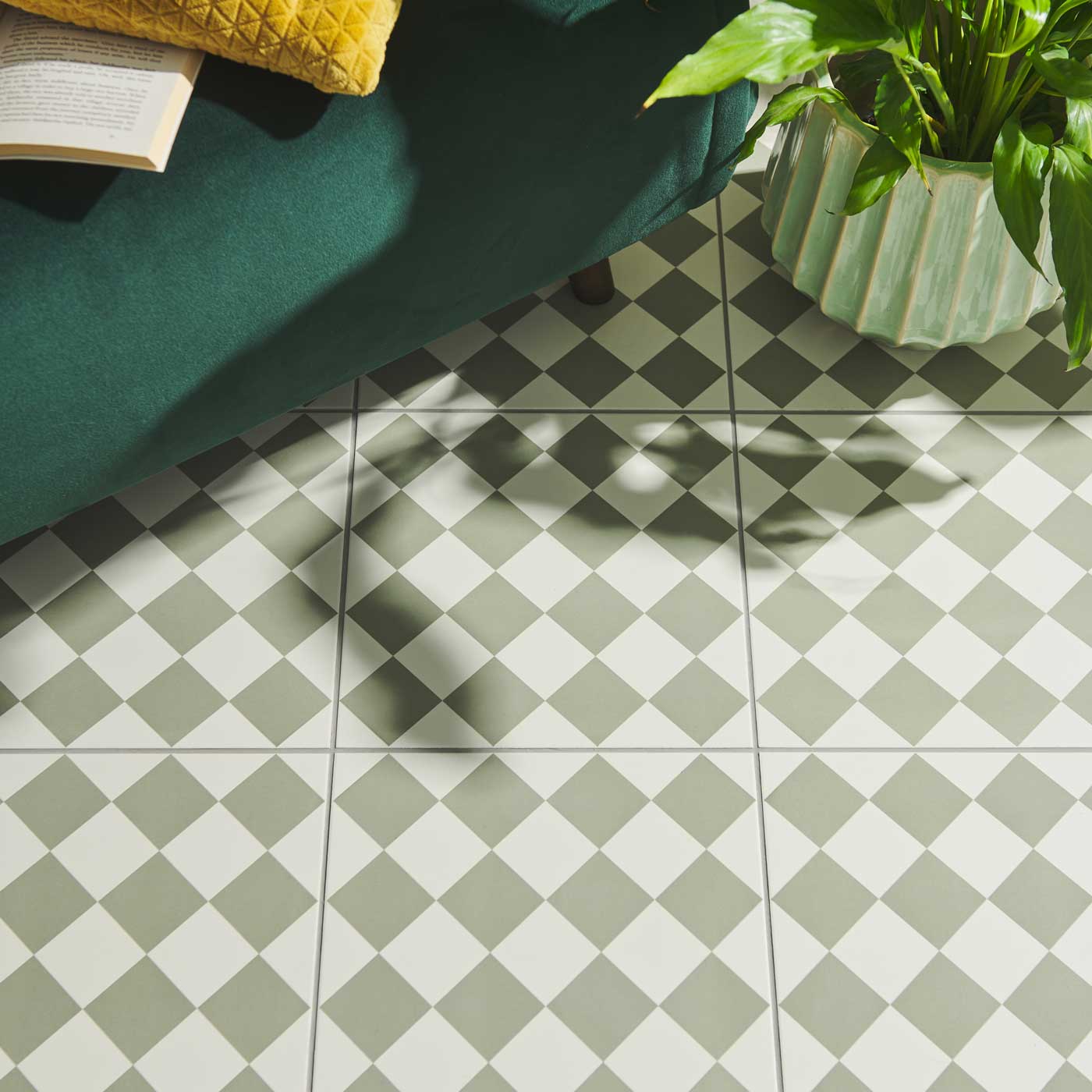 Image of Harlequin Small Green On Chalk 29.8x29.8cm-Porcelain tile-Original Style-Tile.co.uk