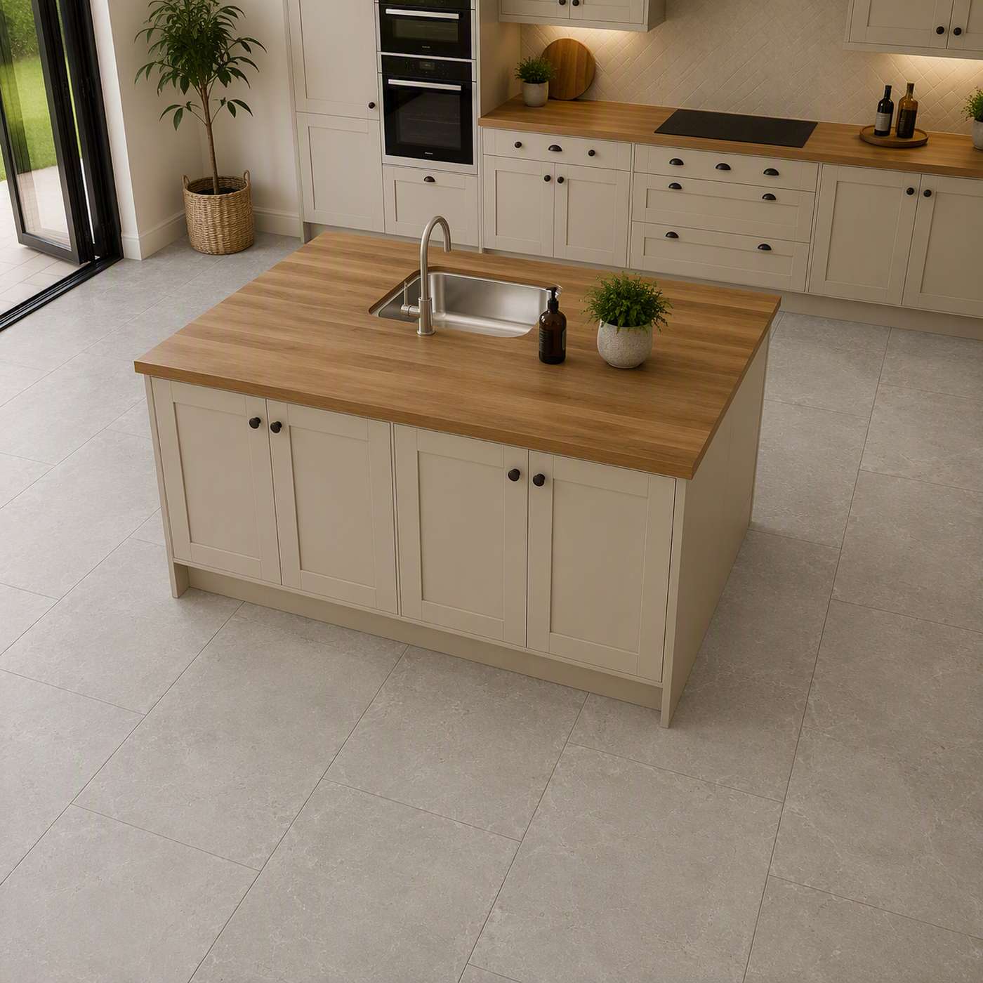 Image of A kitchen island with cream-colored shaker-style cabinets and a light brown wood-look countertop, featuring a stainless steel sink and faucet, set in a modern kitchen with light grey floor tiles.