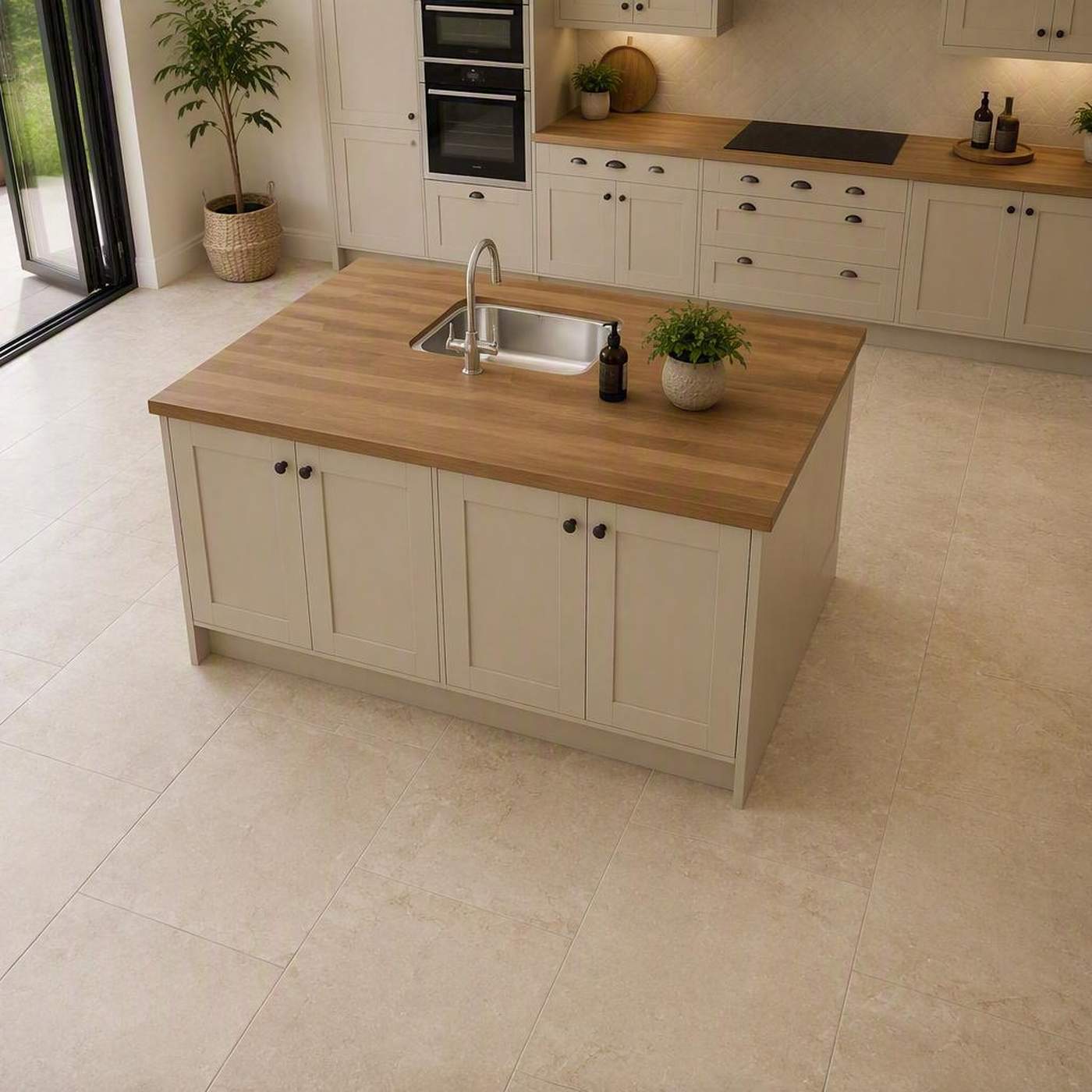 Image of Luxury family kitchen with beige cabinetry, oak worktops and a central island, featuring Riviera Beige 60x90cm porcelain floor tiles, bi-fold doors opening to a garden, and bright natural daylight