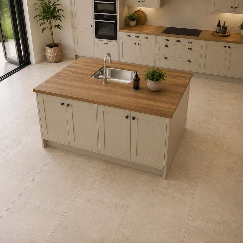 Image of Luxury family kitchen with beige cabinetry, oak worktops and a central island, featuring Riviera Beige 60x90cm porcelain floor tiles, bi-fold doors opening to a garden, and bright natural daylight