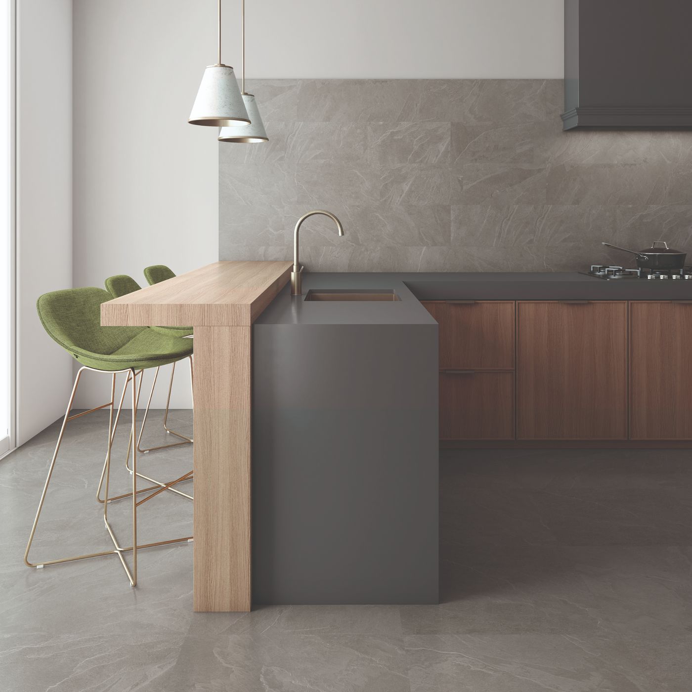 Image of Modern kitchen island with a matte gray countertop and base, a light wood vertical apron, and a built-in sink, shown in a minimalist kitchen setting with green bar stools and pendant lights.