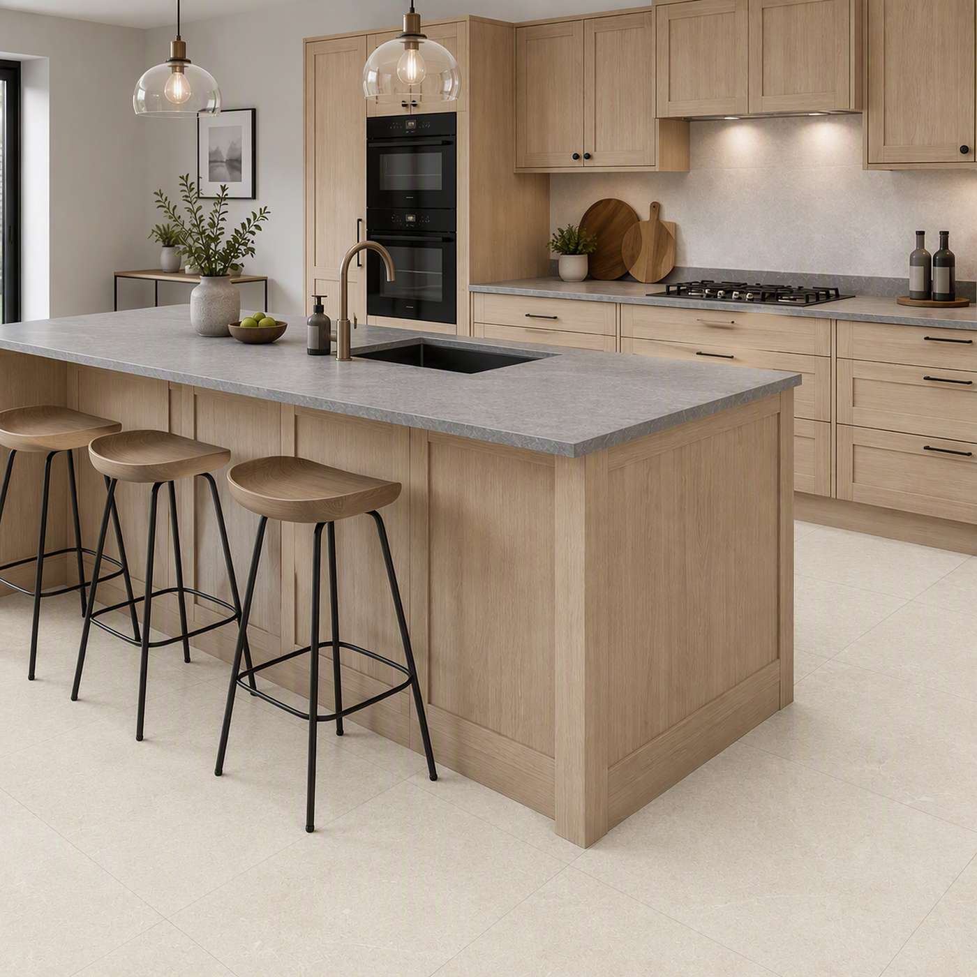 Image of A modern kitchen island with a light oak wood cabinet base, a grey stone countertop, and three matching bar stools with black metal legs. Beige square floor tiles. The kitchen features light oak cabinets, a built-in black double oven, and a gas stovetop
