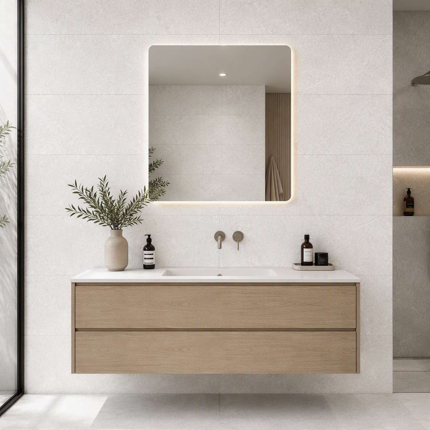 Image of A modern wall-mounted bathroom vanity with a light wood finish and integrated white sink, shown in a clean tiled bathroom setting with a backlit rectangular mirror above.
