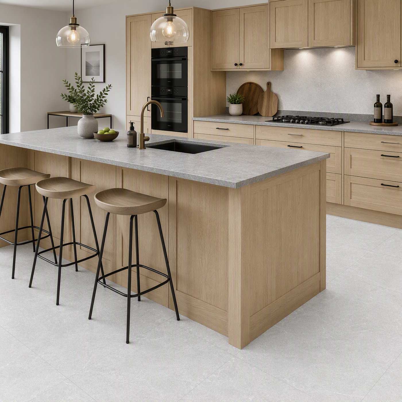 Image of Sienna Perla 60x60cm floor tiles in a light oak Shaker kitchen, shown on the floor beneath a kitchen island with grey stone countertop, black inset sink, brass tap, and black-framed wooden bar stools.