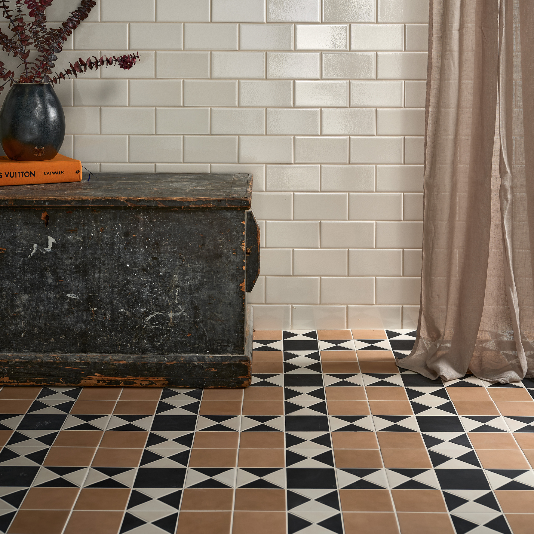 Image of VS Floor Finchley Sandstone, VS Wall Cotton White Metro, VS Decor Carnation Border in Ochre, Camillas Cream Paint & Ornamento Luxe Bead