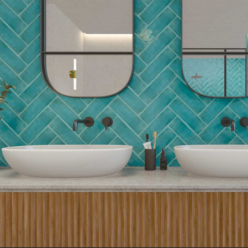 Image of Orchard Aqua Brick Tile 7.5x23cm-Ceramic wall tile-Estudio Ceramico-tile.co.uk