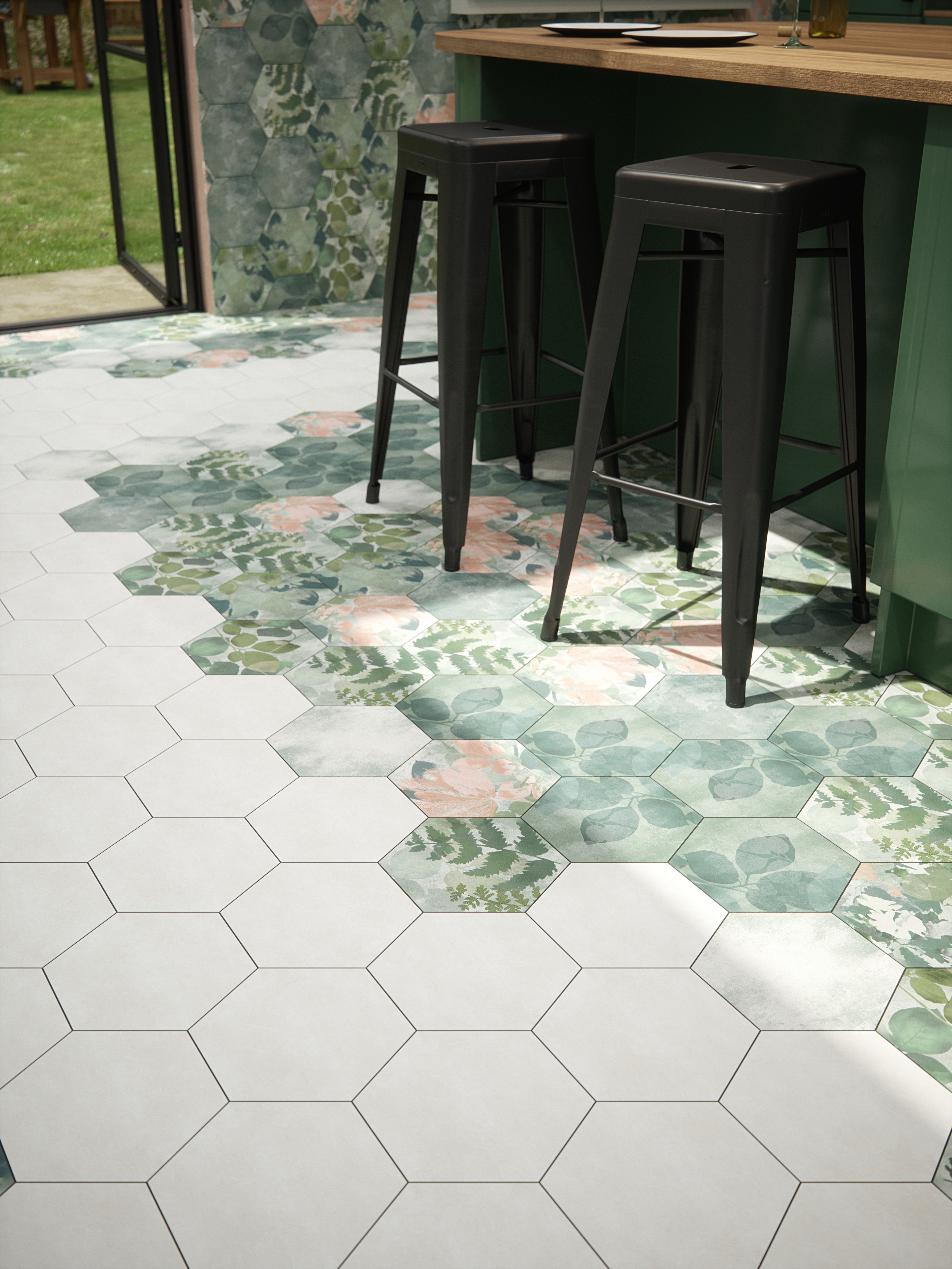 Image of Woodland Glade Shadow White Hexagon tile 21.5x24.5cm-Hexagon tile-Ca Pietra - stock-Tile.co.uk
