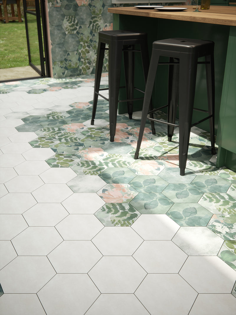 Image of Woodland Glade Shadow White Hexagon tile 21.5x24.5cm-Hexagon tile-Ca Pietra - stock-Tile.co.uk