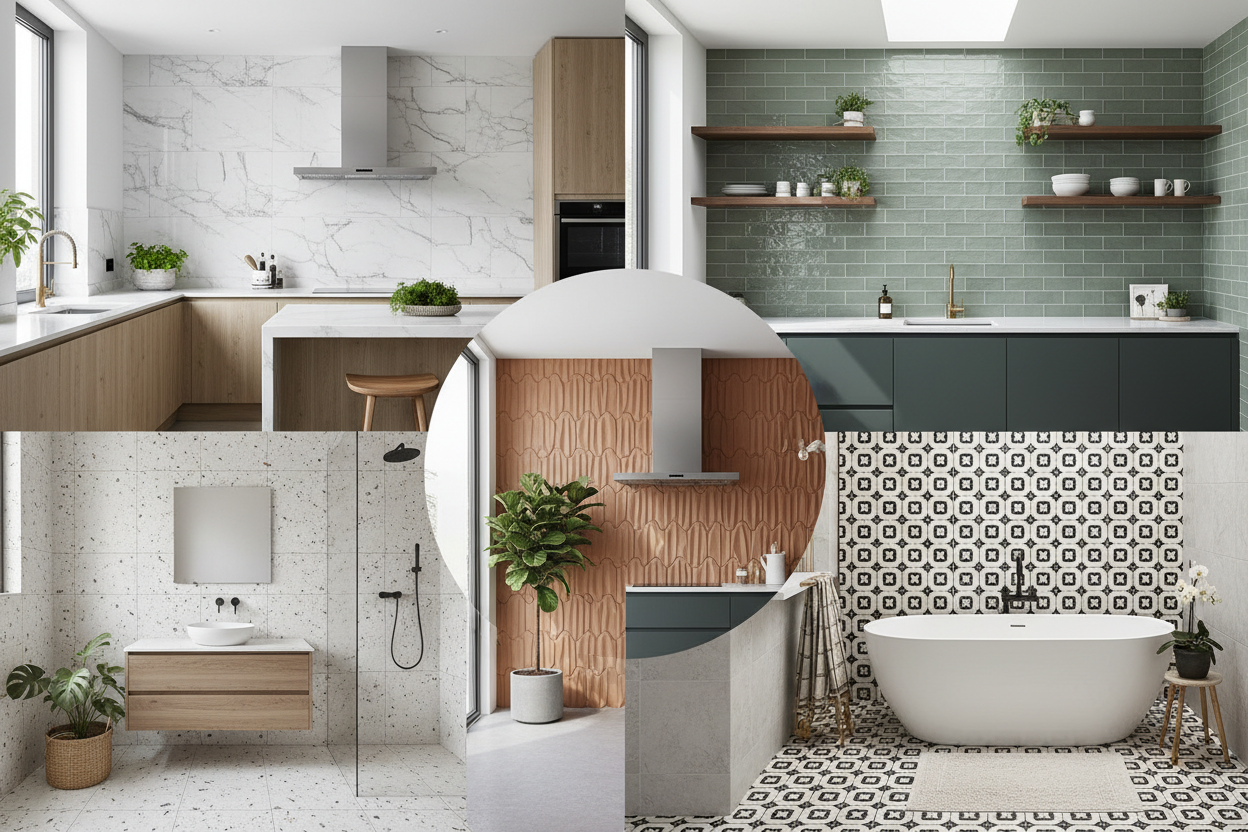 Image of a montage of lift style image of kitchens and bathrooms faturing different tiles that are on trend