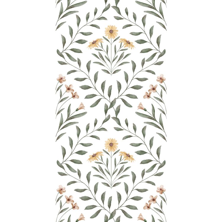 Image of Floral tile pattern with green leaves and soft yellow and pink flowers on a white background.