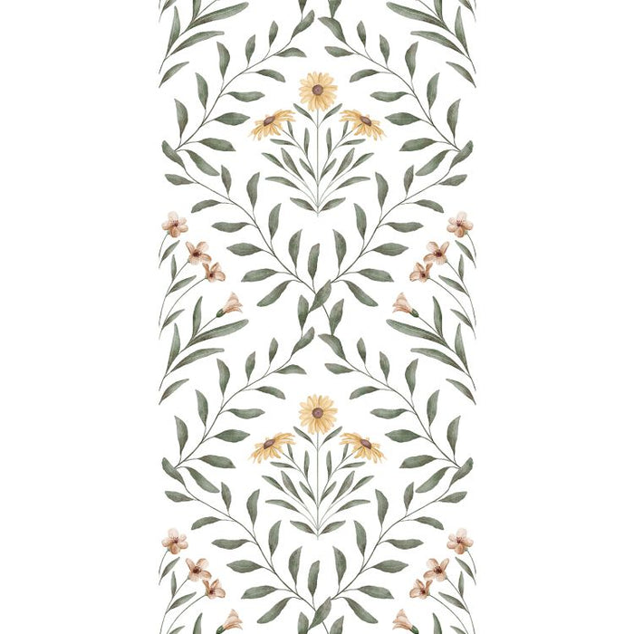 Floral tile pattern with green leaves and soft yellow and pink flowers on a white background.