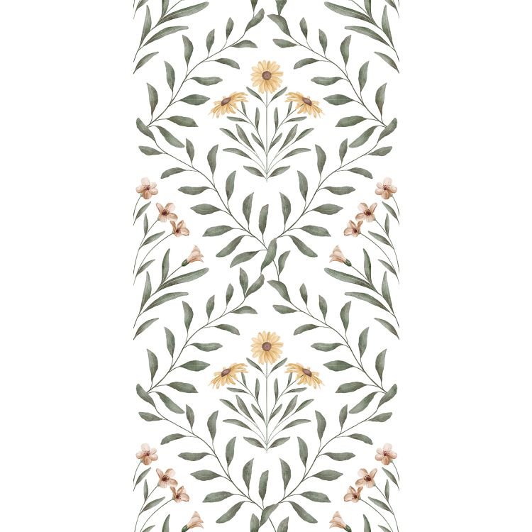 Image of Floral tile pattern with green leaves and soft yellow and pink flowers on a white background.