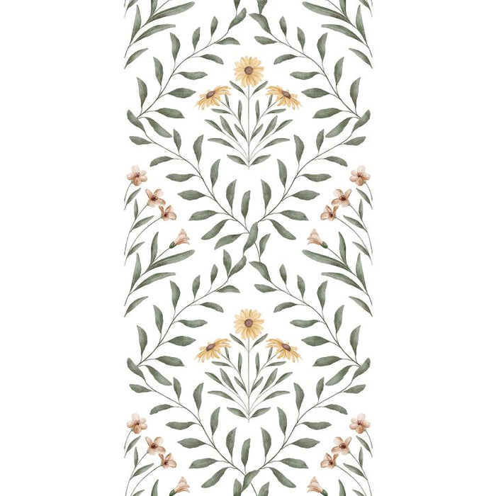 Floral tile pattern with green leaves and soft yellow and pink flowers on a white background.
