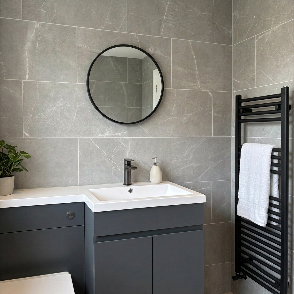 Image of Bathroom image with a bright white, fluffy towel