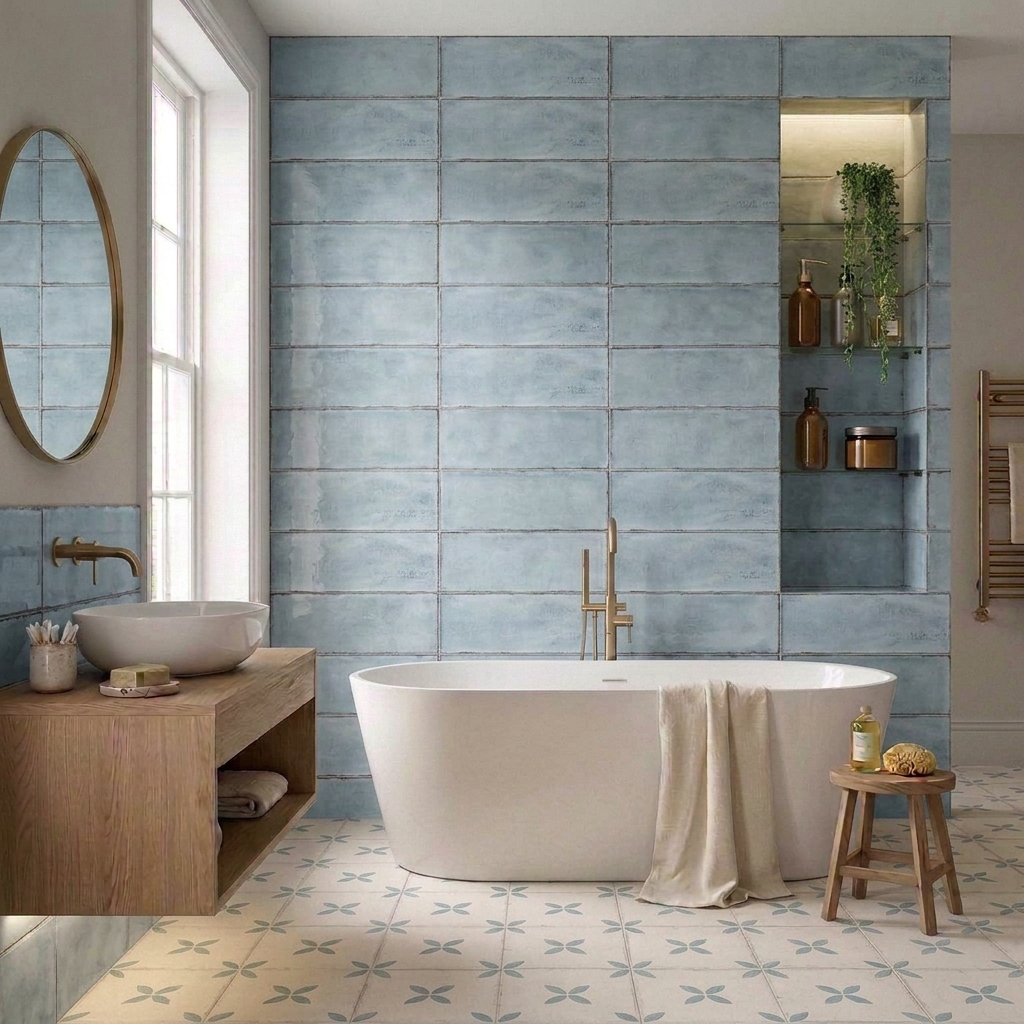 Image of Bathroom with Montblanc Denim walls and Maria Azul patterned floor