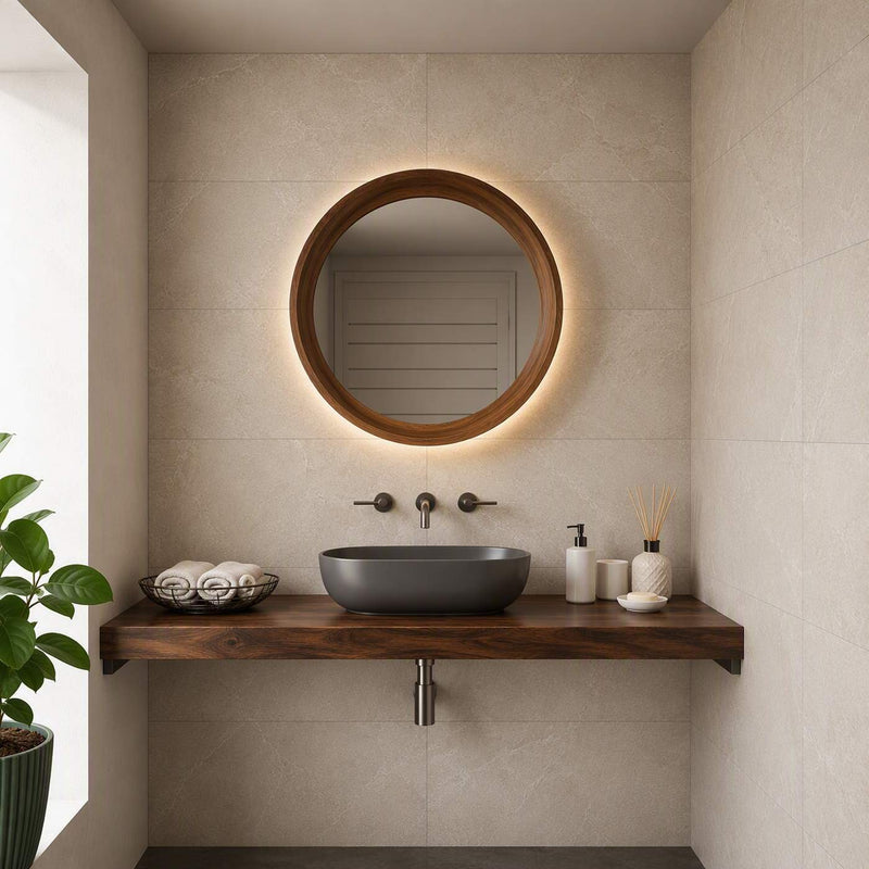 Image of A modern bathroom vanity setup featuring a round backlit LED mirror with a warm wood frame, mounted above a floating dark wood shelf with a dark gray vessel sink, chrome faucet, and matching toiletry bottles against light beige tiled walls.