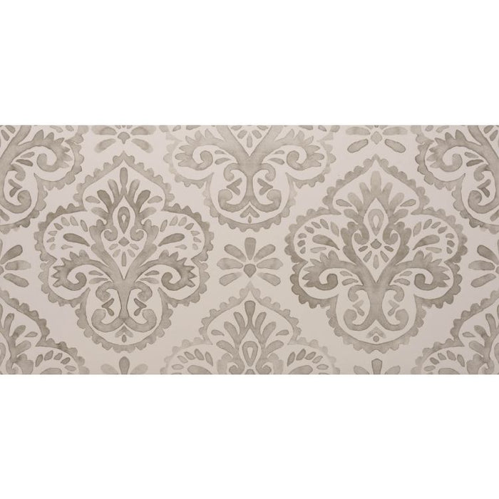 Decorative patterned wallpaper with intricate designs on a beige background