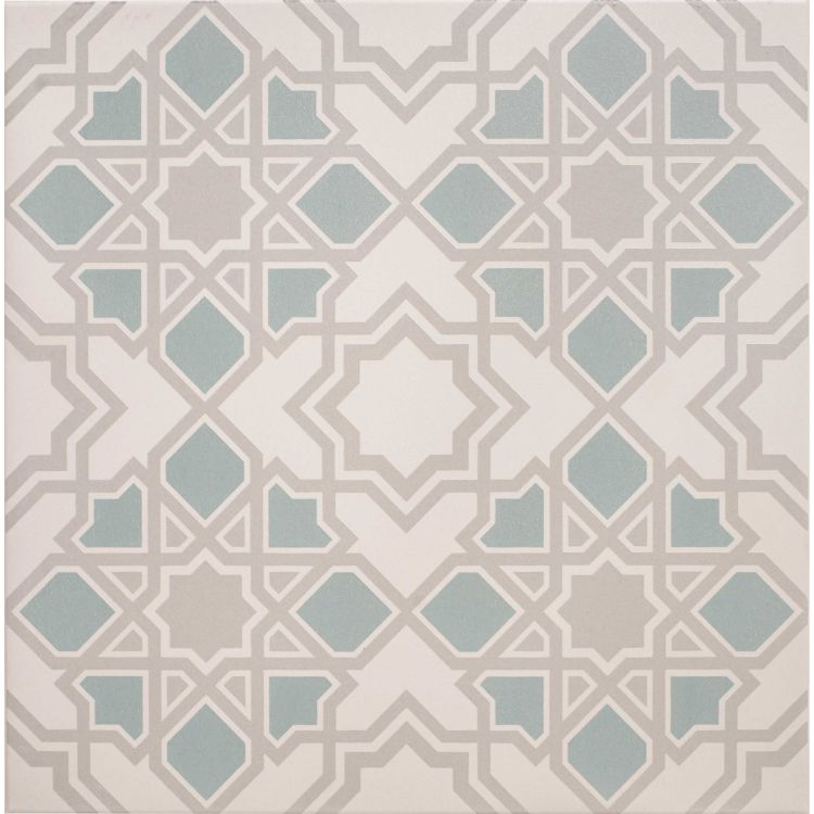 Image of Square tile with a geometric star and diamond pattern in soft teal and light grey on a cream background.”