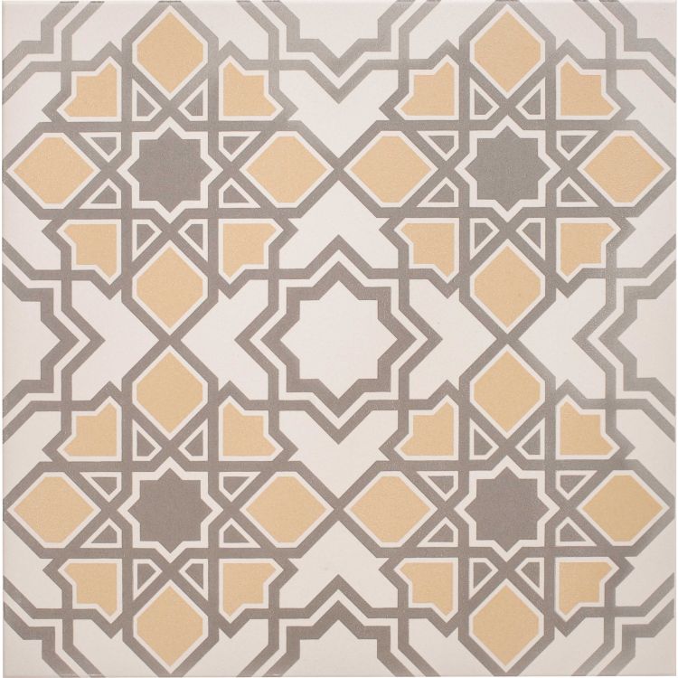 Image of Square tile with a geometric star and diamond pattern in yellow and grey on a chalk‑coloured background