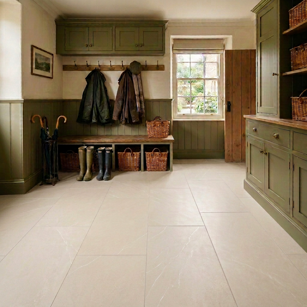Image of Boot room with additional subtle white veining on each beige tile