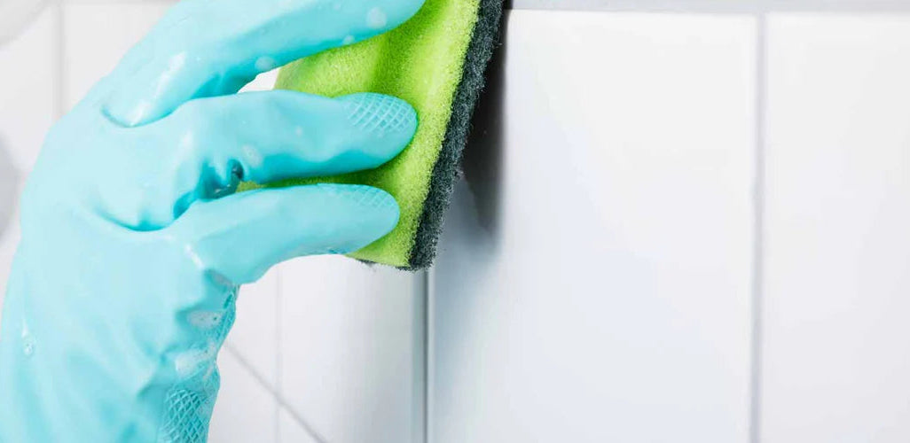 Image of using a sponge to clean white wall tiles