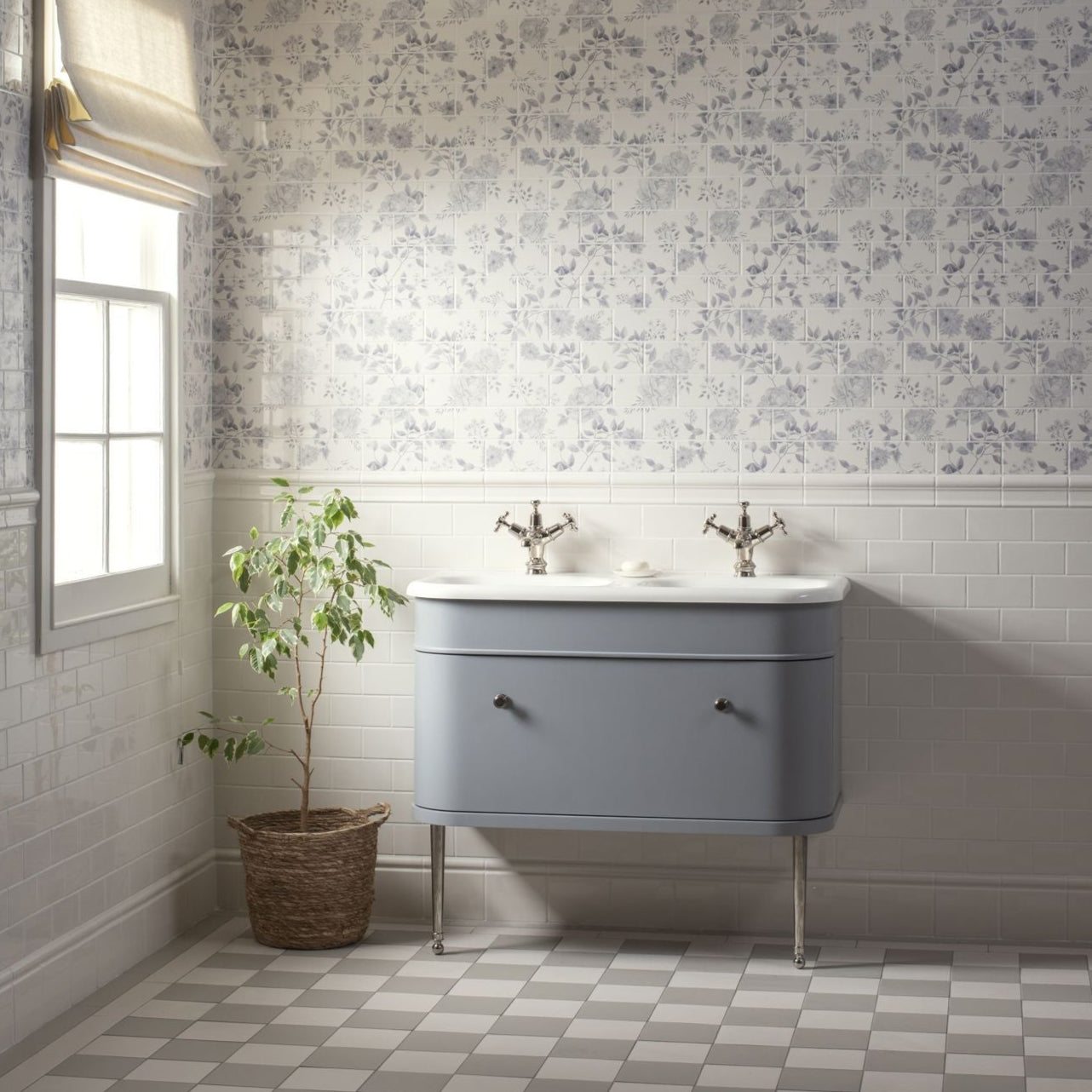 Image of Cottage Garden Brick-bond Blue 18-tile panel wall tile 45.6x45.6cm-Ceramic wall tile-Original Style-Tile.co.uk